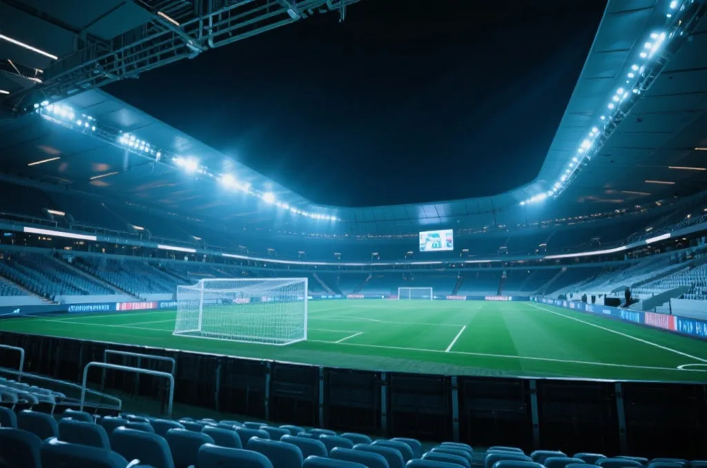 A futuristic soccer stadium with dynamic lighting, wide angle, professional sports photography style