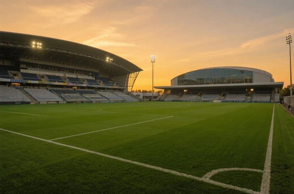 A professional soccer stadium at dusk, wide angle, dramatic golden hour lighting, empty green pitch, modern architecture, editorial photography